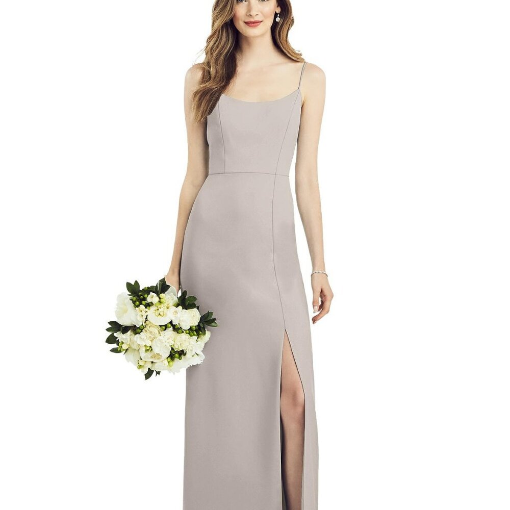 After Six 6822..Spaghetti Strap V-Back Crepe Gown with Front Slit...Taupe...Sz 2